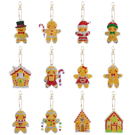 Diamond Painting Kerst Sleutelhangers - 12 Stuks - Gingerbread