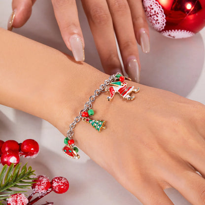 Kerst armband met metalen schakels, kerstman, sneeuwvlok en parels