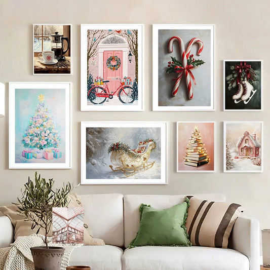 Kerst schilderij roze strik cadeau kerstboom sneeuwhuis slee poster