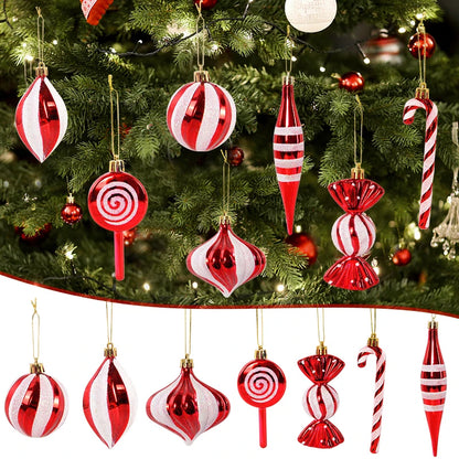 Kerstboom ornamenten rode kerstballen en zuurstok hangers set 14 stuks
