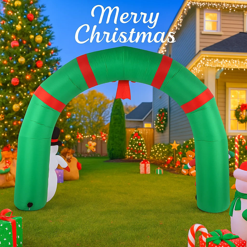 Opblaasbaar Kerst ornament boog met sneeuwpop en kerstman met LED verlichting