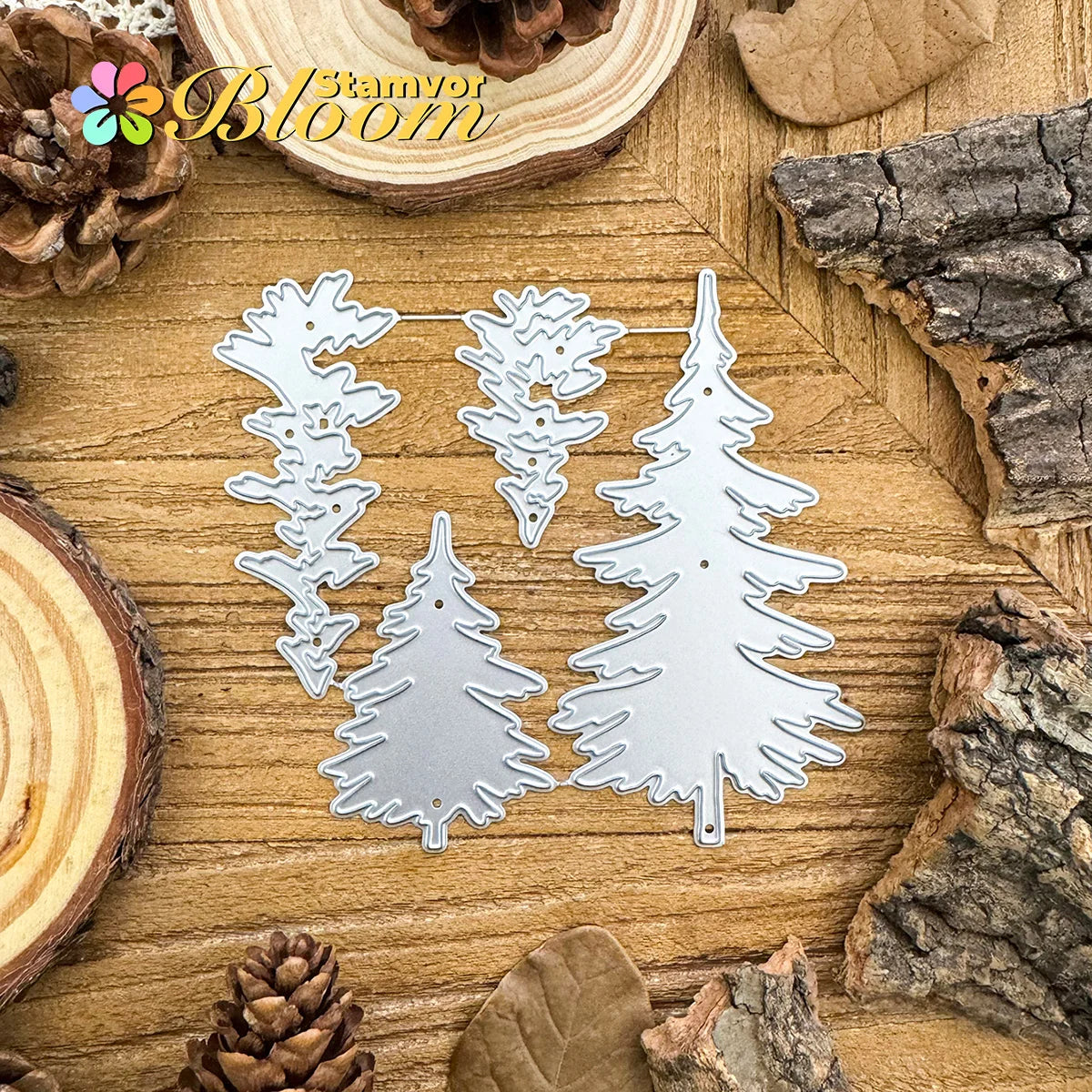 Snijmal Retro Winter Pine Bomen Laagjes voor Scrapbooking