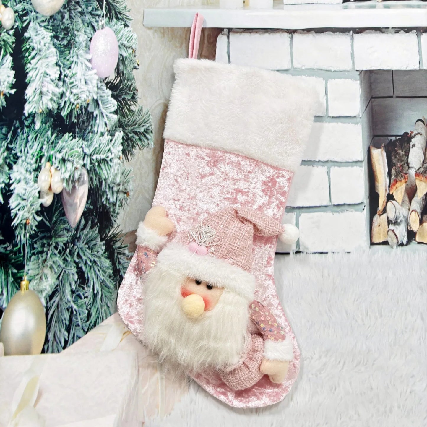 Kerst sok (decoratief) met kerstman en sneeuwpop – feestelijke hangdecoratie voor boom of haard