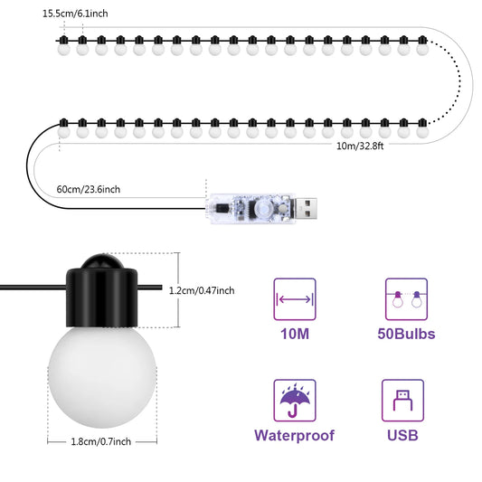 Slimme Kerstverlichting – 10M Bluetooth LED Slinger met 50 Kleurrijke Lampjes, IP44 Waterdicht, USB, Met Muziek & App-bediening