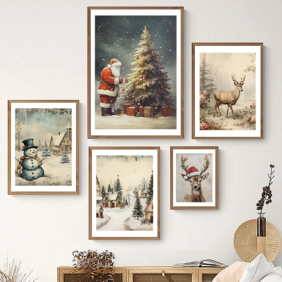 Kerst schilderij Santa Claus bij kerstboom – klassieke winter decoratie op canvas