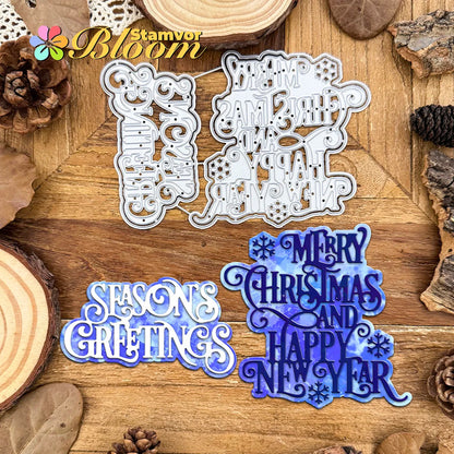 Snijmal Kerstlagen SEASONS GREETINGS en MERRY CHRISTMAS voor kaarten