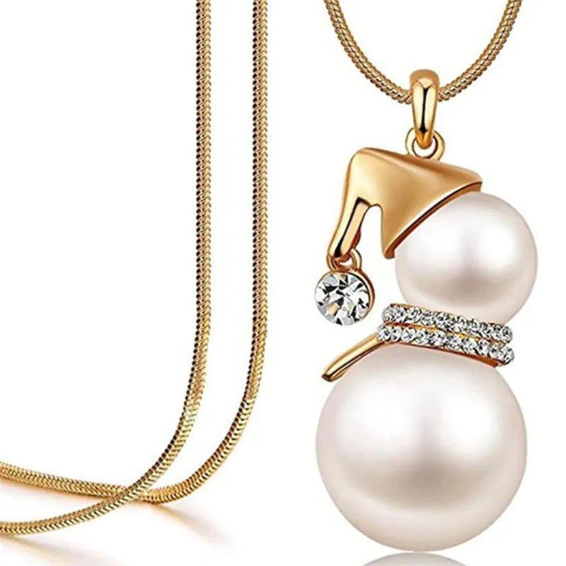 Kerst ketting sneeuwpop met parel en kristal – feestelijke lange ketting voor dames