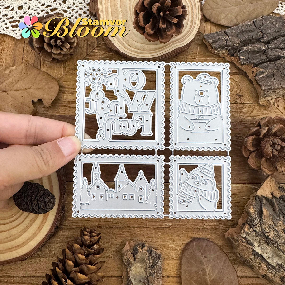 Snijmal kerstbeer en pinguïn dorp met postzegel en frame motieven