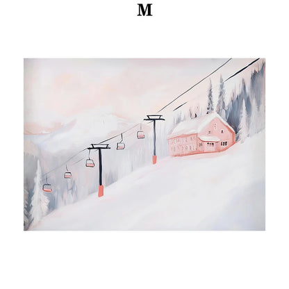 Kerst schilderij roze strik cadeau kerstboom sneeuwhuis slee poster