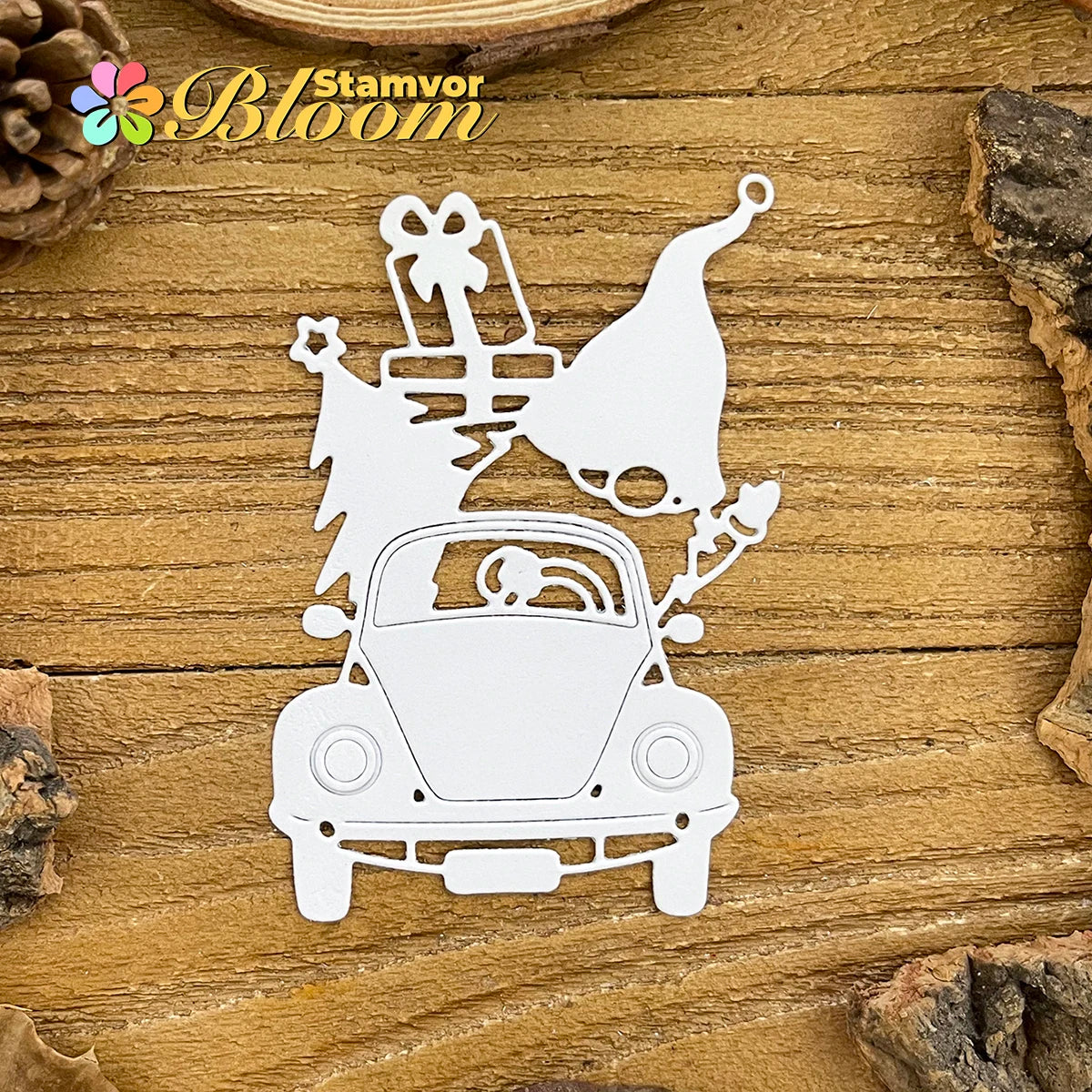 Snijmal kerst truck met vrolijke kabouter voor kaarten en scrapbooking