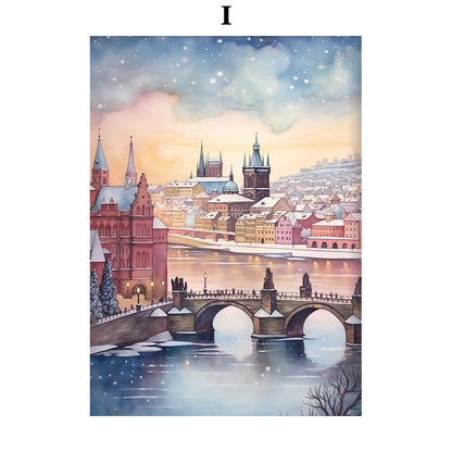 Kerst schilderij romantische winteravond in Parijs met sneeuw en kerstboom