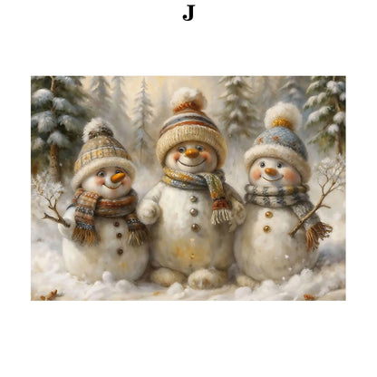Kerst schilderij met kerstman, sneeuwpop, rendier en arrenslee wintertafereel
