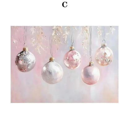 Kerst schilderij roze strik cadeau kerstboom sneeuwhuis slee poster