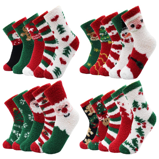 Kerstsokken warme zachte fleece met rendier en sneeuwvlok design – 5 paar