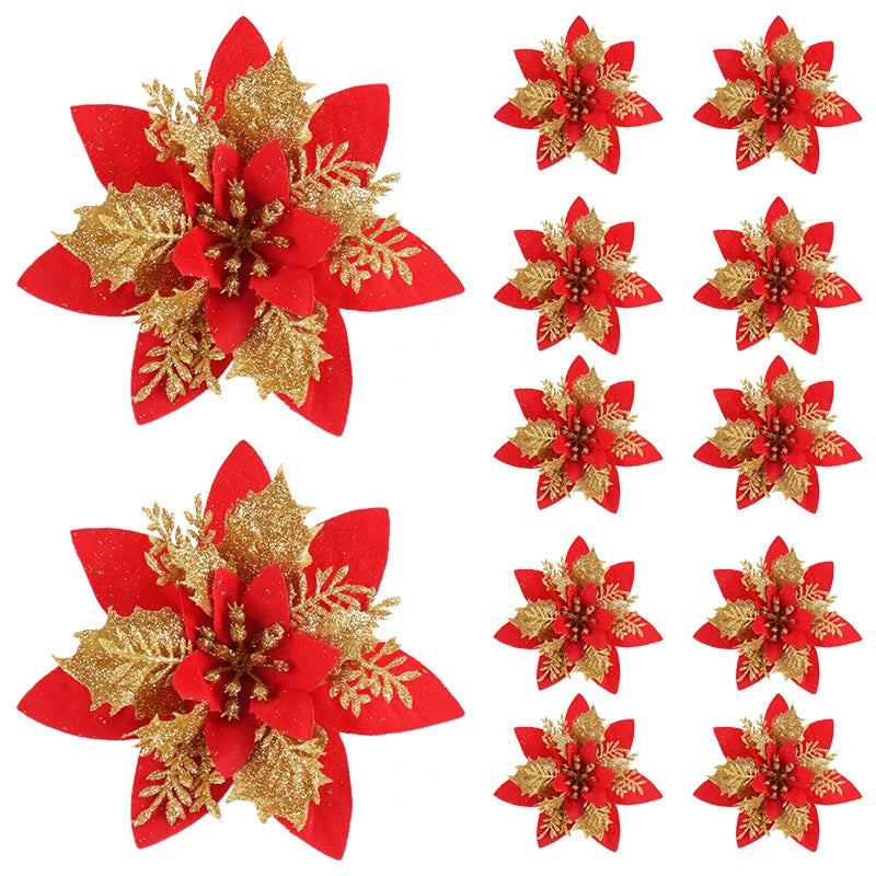 Kerstboom ornament glitter bloemen set 14cm kerstdecoratie