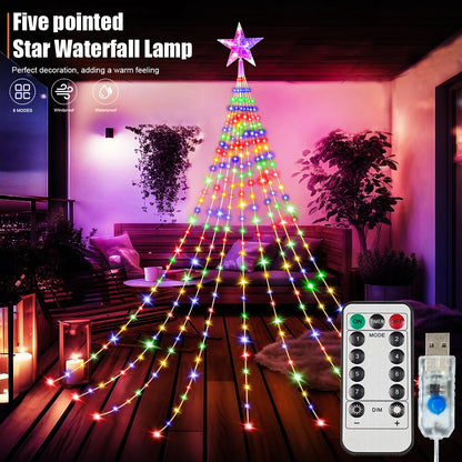 Led Kerstboom Ster Waterval Licht met Afstandsbediening en 8 Verlichtingsstanden
