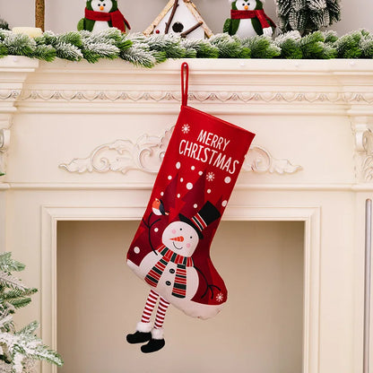 Kerstsok grote cadeausok met kerstman en sneeuwpop decoratie