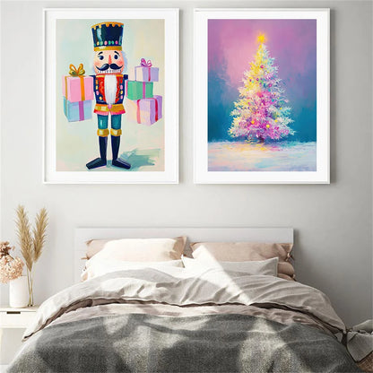 Kerst schilderij sfeervol nachtelijk sneeuwhuis met kerstboom op canvas