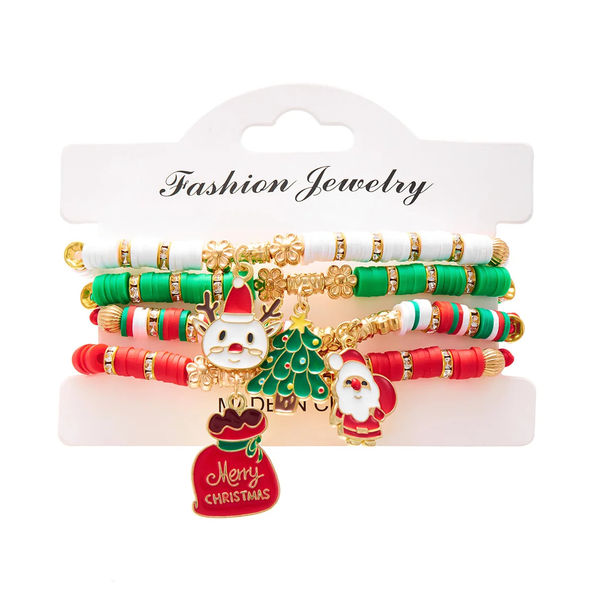 Kerst armband set met kerstboom rendier en kerstman kralen (4 stuks)