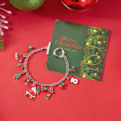 Kerst armband met metalen schakels, kerstman, sneeuwvlok en parels