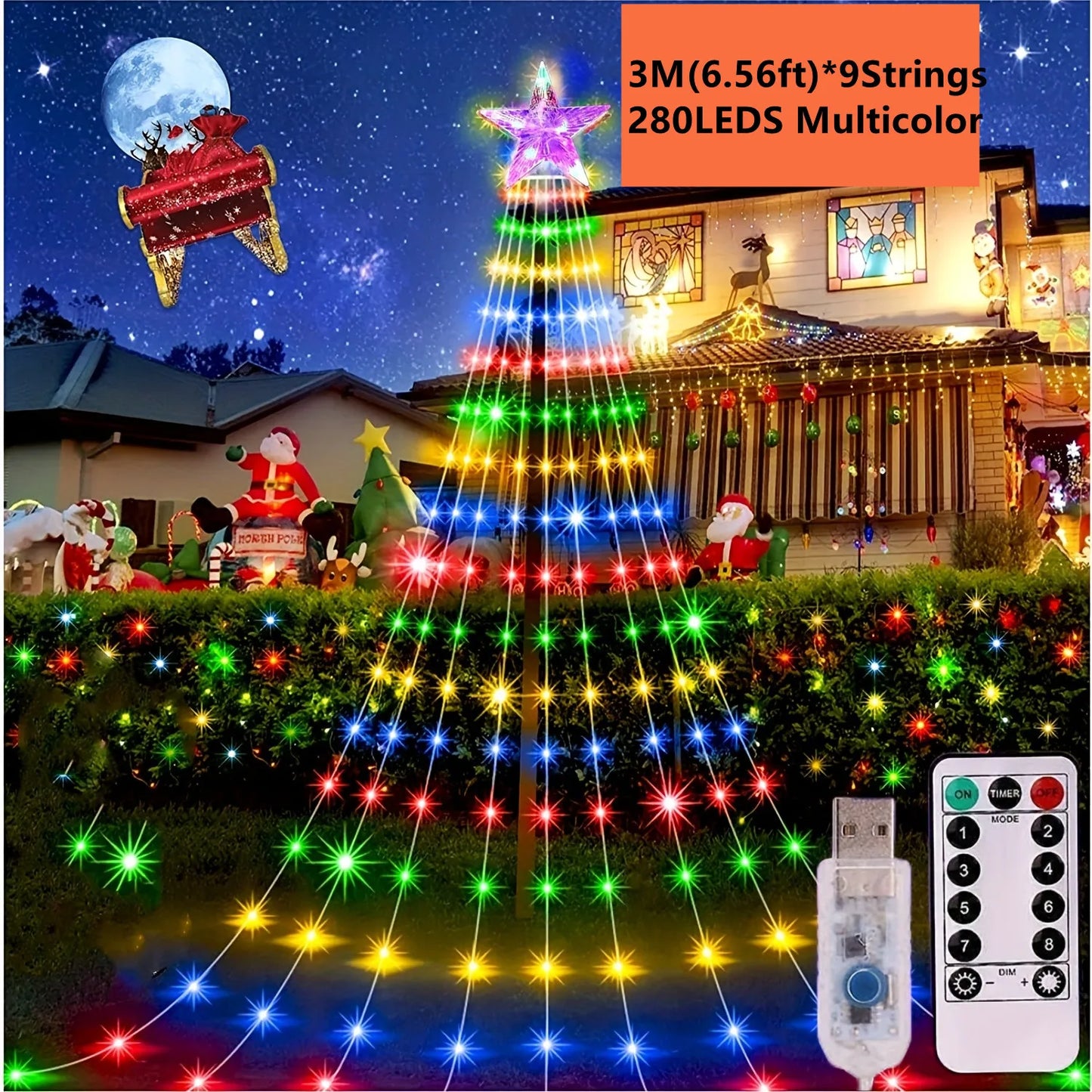 Led Kerstboom Ster Waterval Licht met Afstandsbediening en 8 Verlichtingsstanden