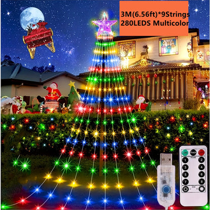 Led Kerstboom Ster Waterval Licht met Afstandsbediening en 8 Verlichtingsstanden