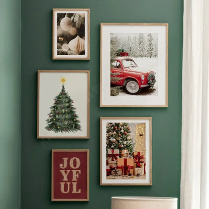 Kerst schilderij rode amaryllis met kerstboom en notenkraker – sfeervolle wanddecoratie