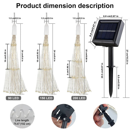 Solar Kerst verlichting vuurwerk buiten – 200 LED koperdraad lichtsnoer met 8 standen