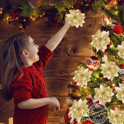 Kerstboom ornamenten glitter bloemen 14cm kerstdecoratie set