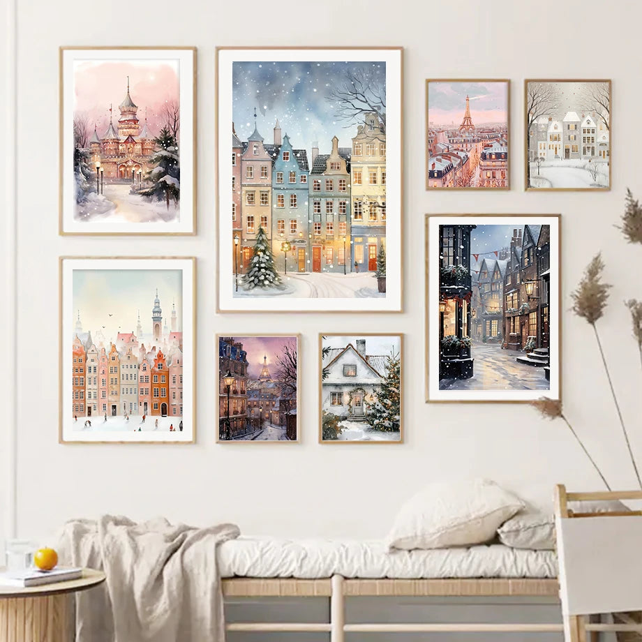 Kerst schilderij romantische winteravond in Parijs met sneeuw en kerstboom