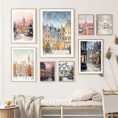 Kerst schilderij romantische winteravond in Parijs met sneeuw en kerstboom