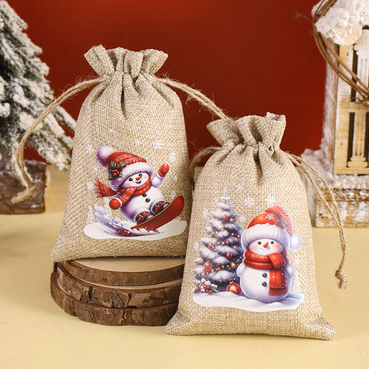 Kerst cadeauverpakking linnen trekkoord zakjes set van 6 stuks