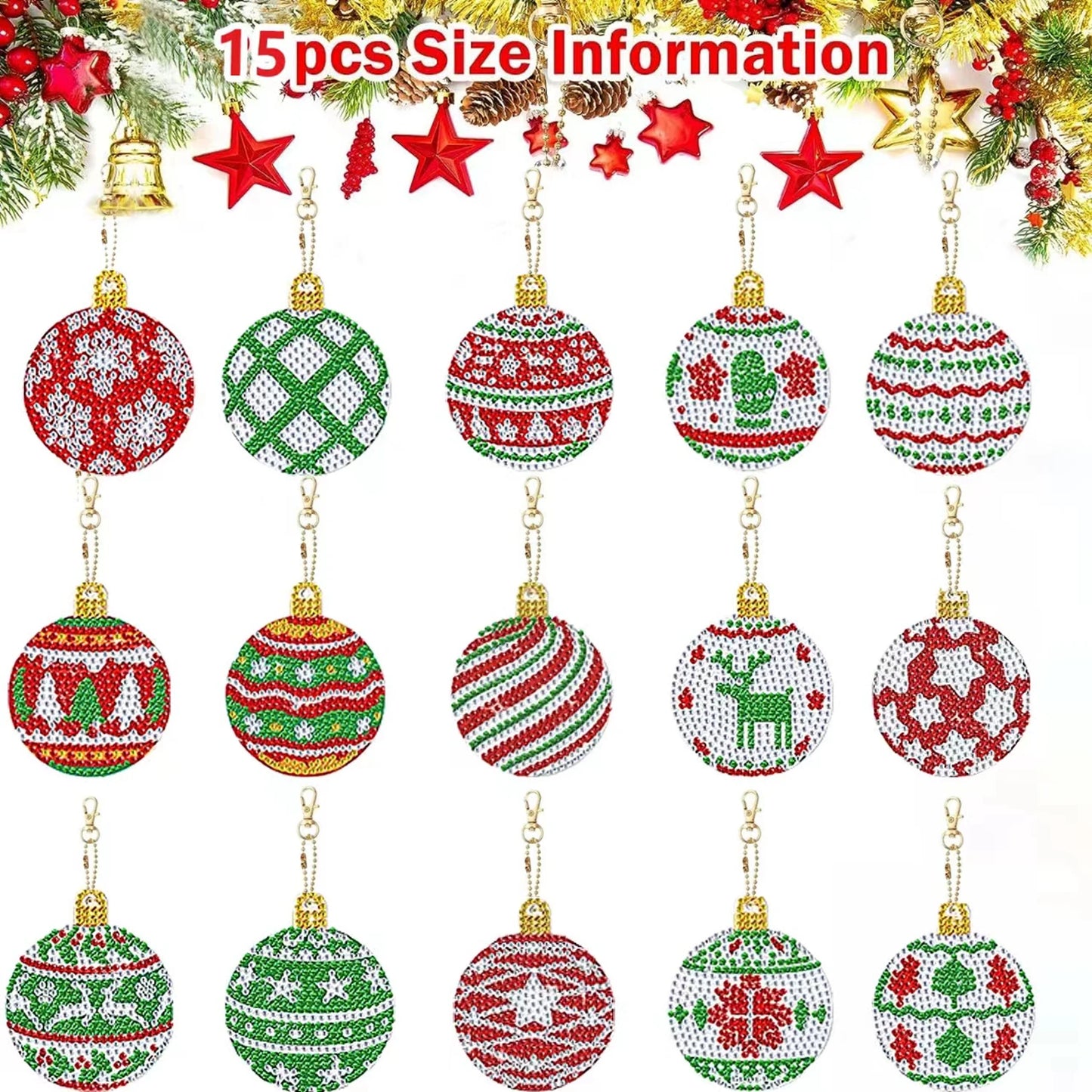 Diamond Painting Kerst Sleutelhangers – Set van 15 Dubbelzijdige Ornamenten