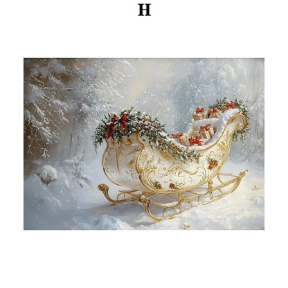Kerst schilderij roze strik cadeau kerstboom sneeuwhuis slee poster