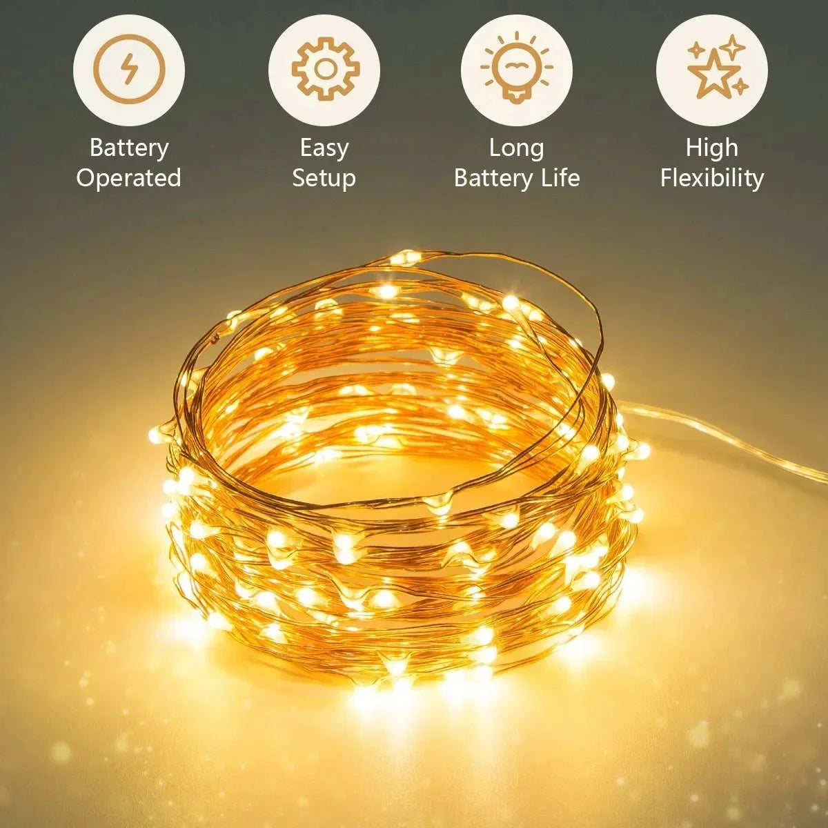 Kerst Lichtsnoer 1 Stuk – LED Koperdraad Lichtjes met Batterijdoos – Warm Wit – Sfeervolle Decoratie