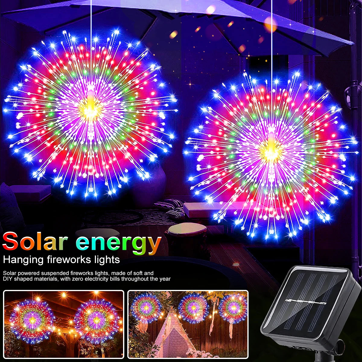 Solar Kerst verlichting vuurwerk buiten – 200 LED koperdraad lichtsnoer met 8 standen