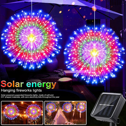 Solar Kerst verlichting vuurwerk buiten – 200 LED koperdraad lichtsnoer met 8 standen