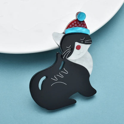 Kerst Broche Schattige Zwarte Kat met Kerstmuts