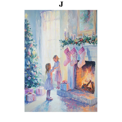 Kerst schilderij sfeervol nachtelijk sneeuwhuis met kerstboom op canvas