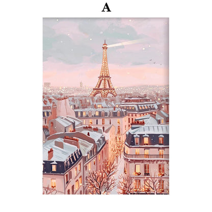 Kerst schilderij romantische winteravond in Parijs met sneeuw en kerstboom