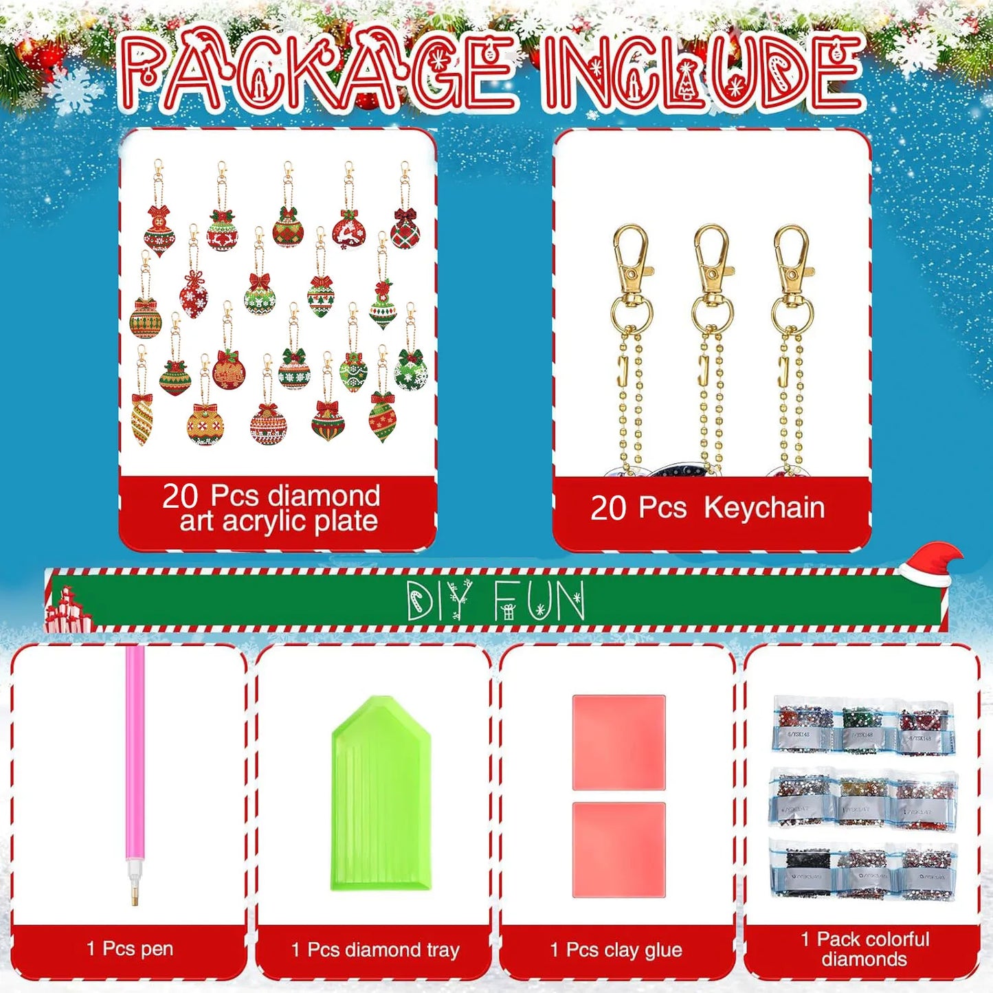 Diamond Painting Kerst Sleutelhangers – 20 sets Dubbelzijdige Kerstballen