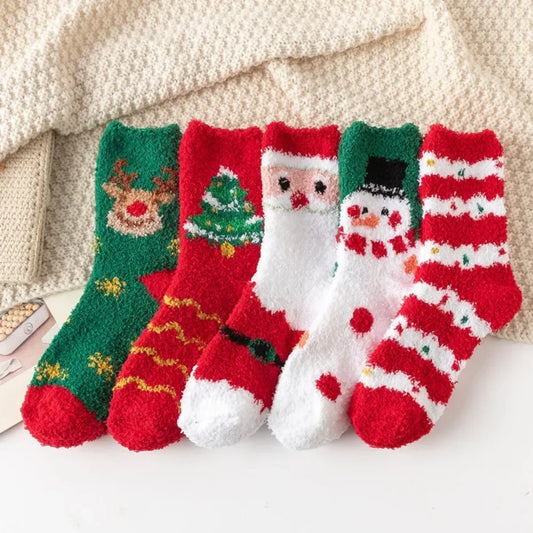 Kerstsokken warme zachte fleece met rendier en sneeuwvlok design – 5 paar