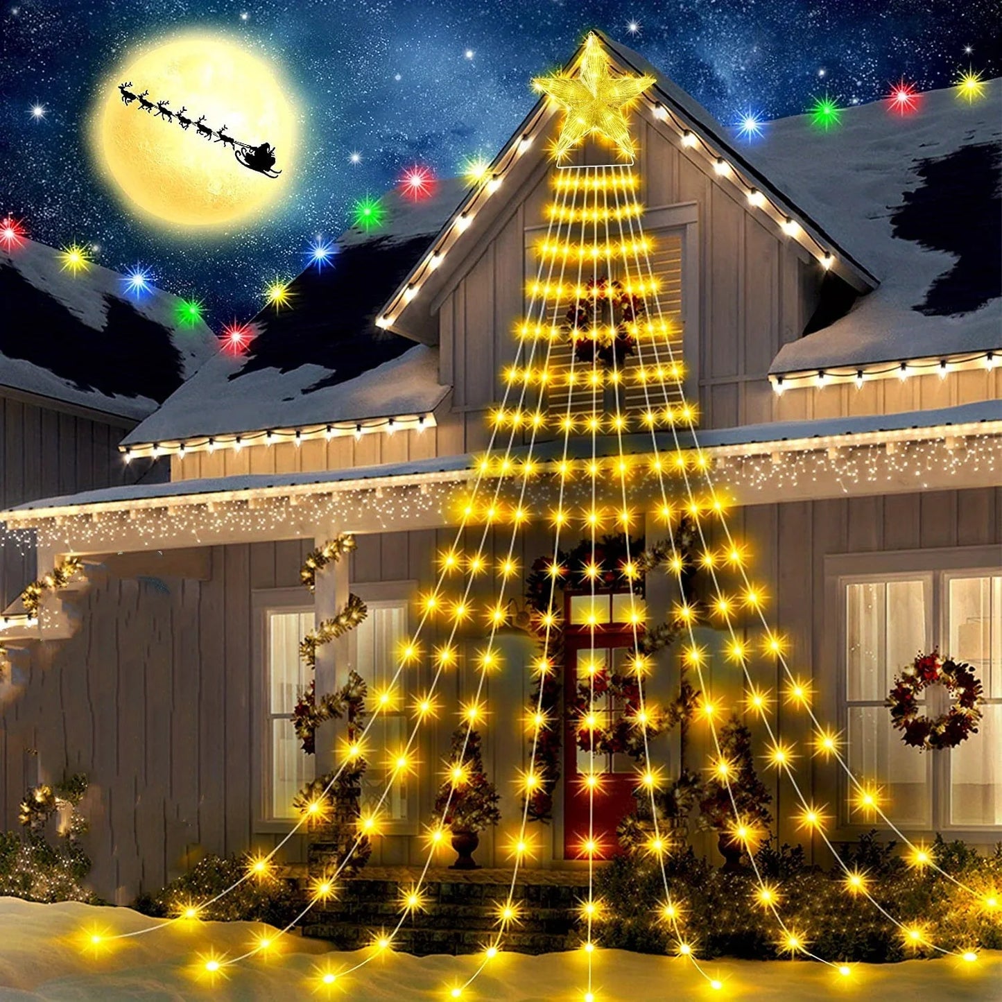 Led Kerstboom Ster Waterval Licht met Afstandsbediening en 8 Verlichtingsstanden