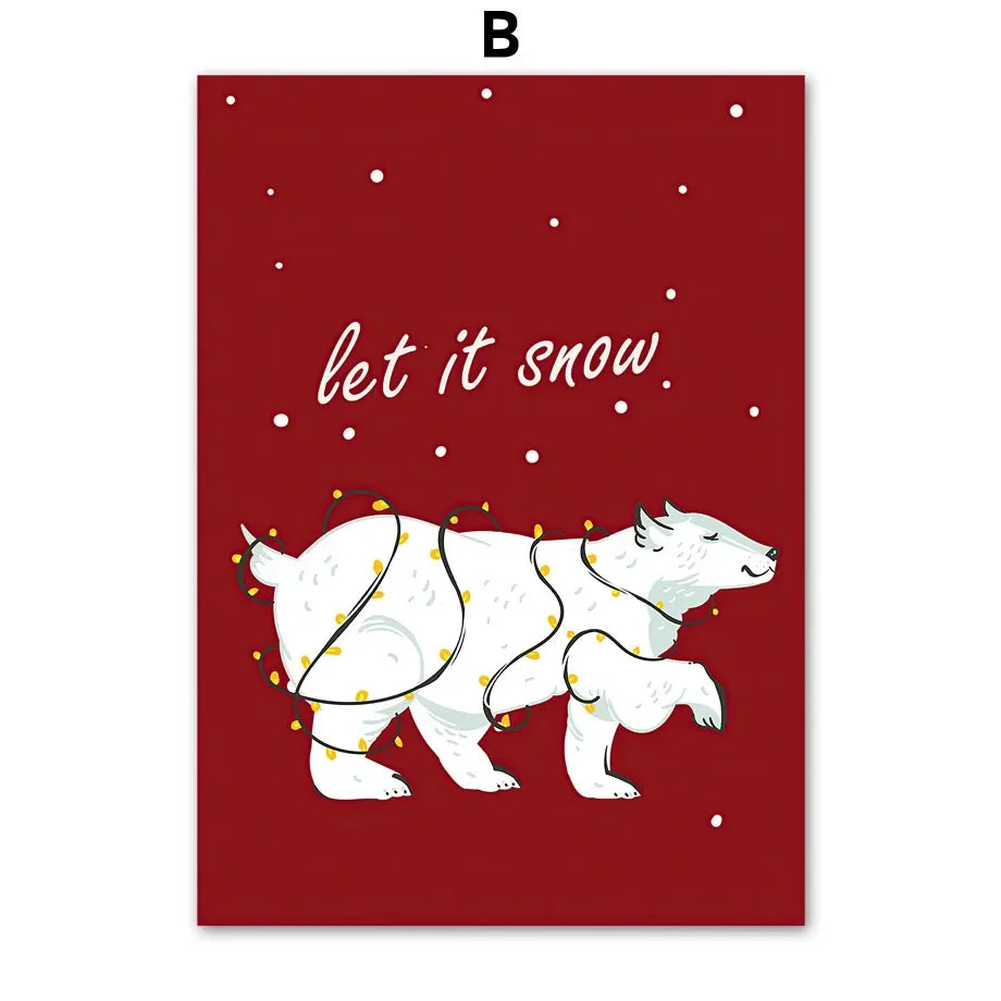 Kerst schilderij (canvas) panda met kerstboom en sneeuwvlokken – moderne wanddecoratie