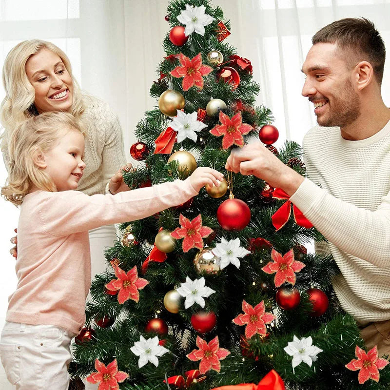 Kerstboom ornament glitter kunstbloemen 13cm decoratie set
