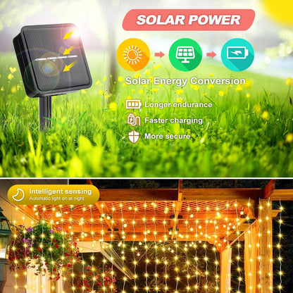 Kerst lichtgordijn op zonne-energie met 8 standen voor buiten en feest