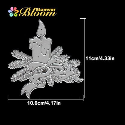 Snijmal Kerst kaars met dennetakken en strikken voor kaarten maken