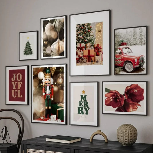 Kerst schilderij rode amaryllis met kerstboom en notenkraker – sfeervolle wanddecoratie