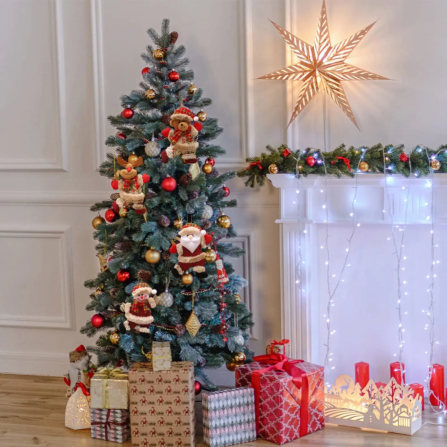 Set kersthangers pluche popjes – kerstman, sneeuwman, rendier en beer