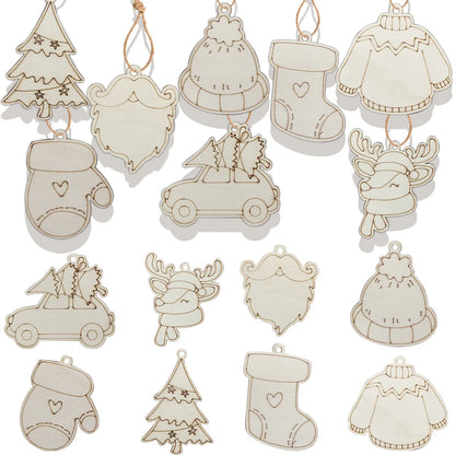 Houten figuur om zelf te schilderen/kleuren – 8 stuks kerst herten, auto’s en mutsen hangornamenten